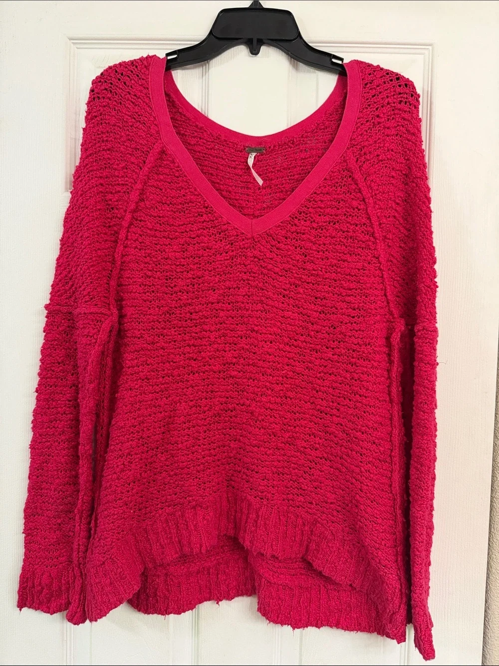 Free People V-Neck Chunky Knit Sweater - Hot Pink